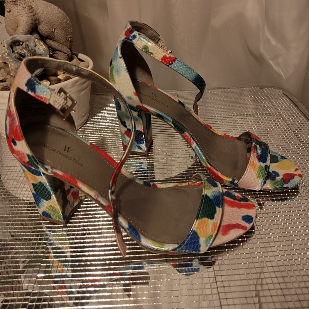 Multi-Color Block Heeled Sandals - Size 38 (US 7.5)